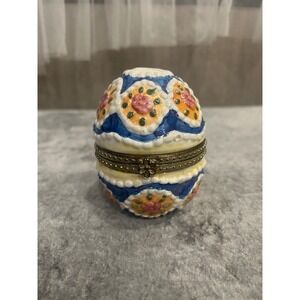 Vintage Hand Painted Ceramic Egg Trinket Box Blue Floral Hinged Jewelry Case